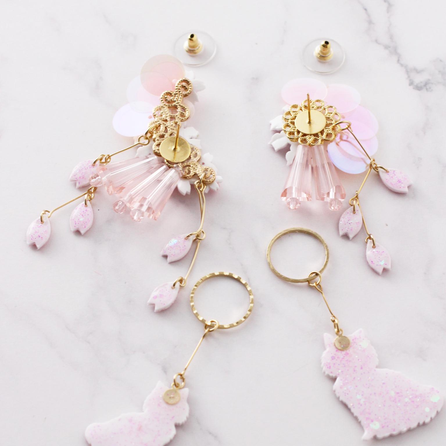桜×ねこ 2wayアシンメトリーピアス／イヤリング｜揺れる春の猫アクセサリー | 12枚目