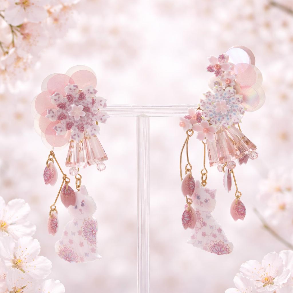 桜×ねこ 2wayアシンメトリーピアス／イヤリング｜揺れる春の猫アクセサリー | 14枚目