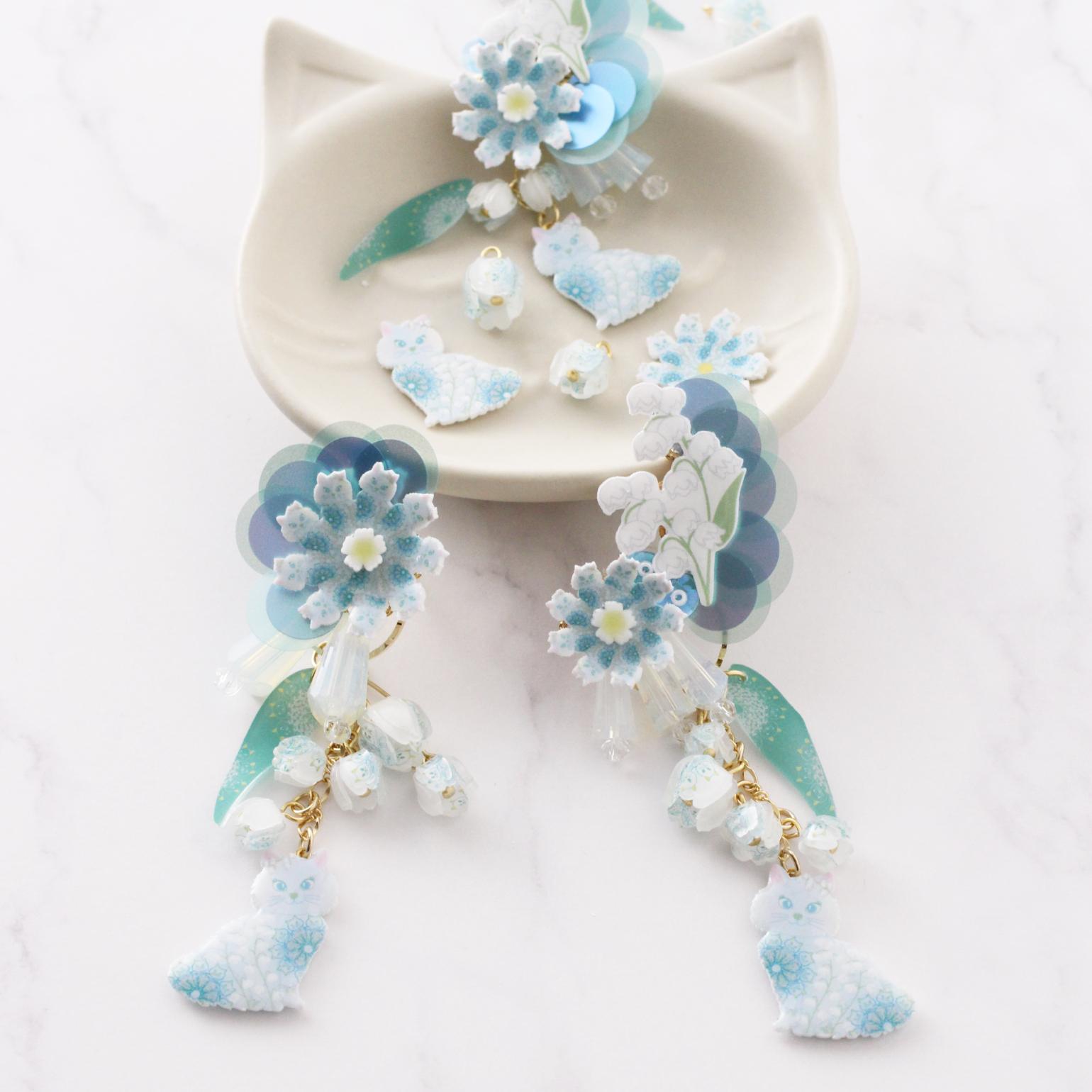 すずらん×ねこ 2wayアシンメトリーピアス／イヤリング｜揺れる鈴蘭と猫のトリックアートアクセサリー | 8枚目
